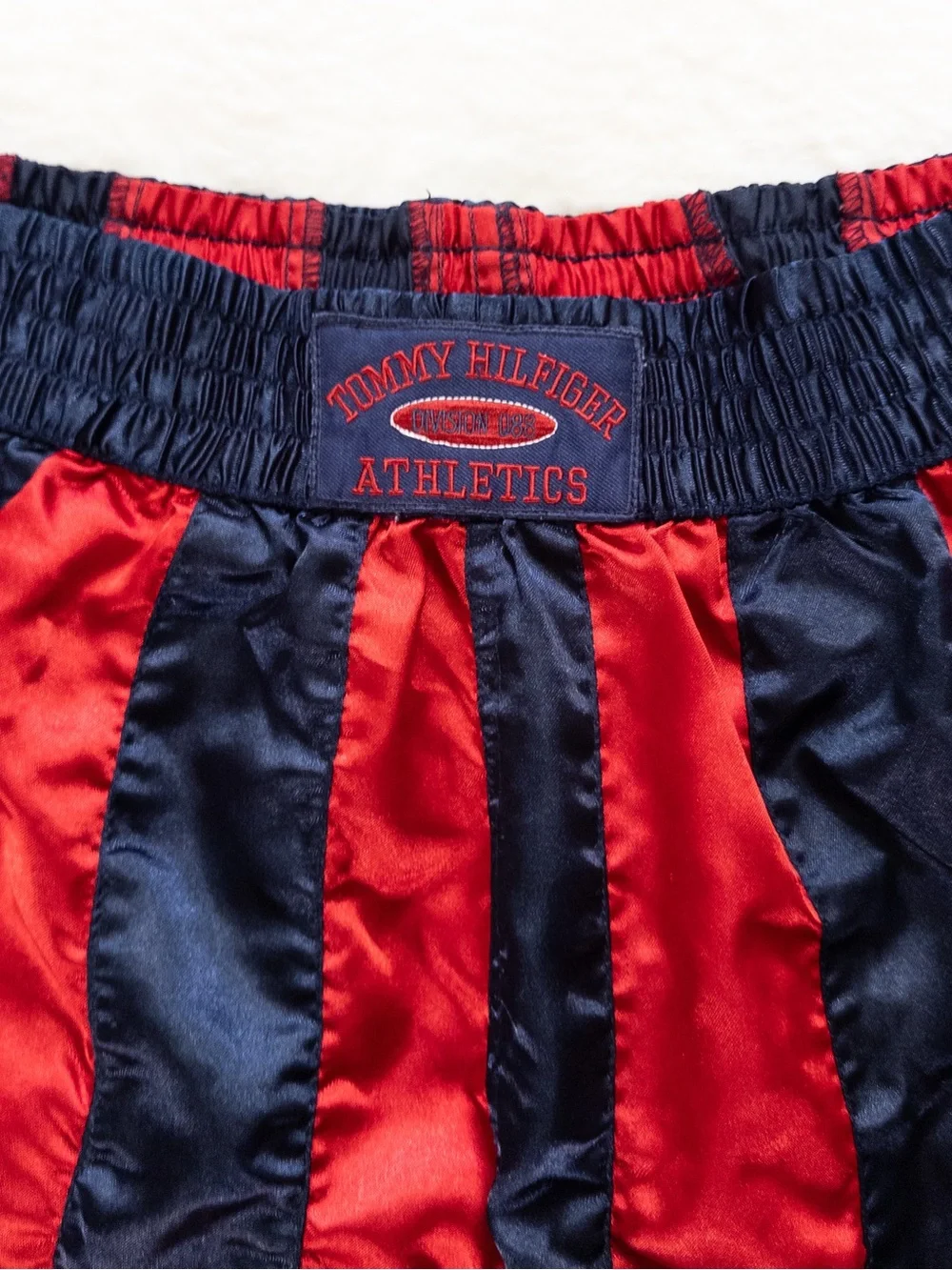 Vintage Tommy Hilfiger Athletics Satin Boxing Shorts Red Navy Striped Size L
